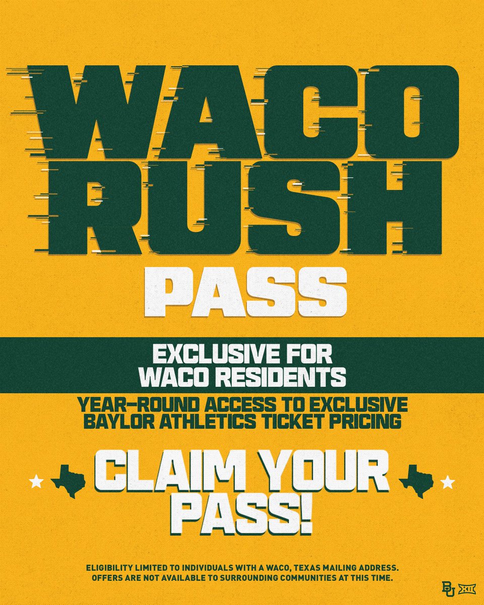 There's a new way for Waco to experience Baylor Athletics. 💚🐻

Introducing the Waco Rush Pass: giving Waco residents year-round access to exclusive ticket offers for select home events across multiple sports.

Whether you're a lifelong Bear or visiting us for the first time, we 