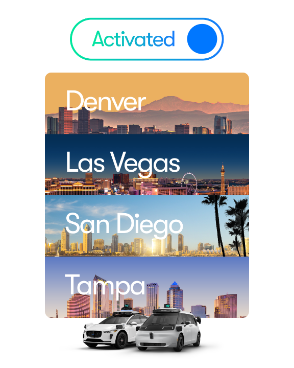 Autonomous mode activated in four new cities! ✨ Starting today you’ll see our vehicles with no human at the wheel in Las Vegas—with Denver, San Diego, and Tampa to follow. Want to be one of the first to ride when we start serving these cities? Download the Waymo app and we’ll 