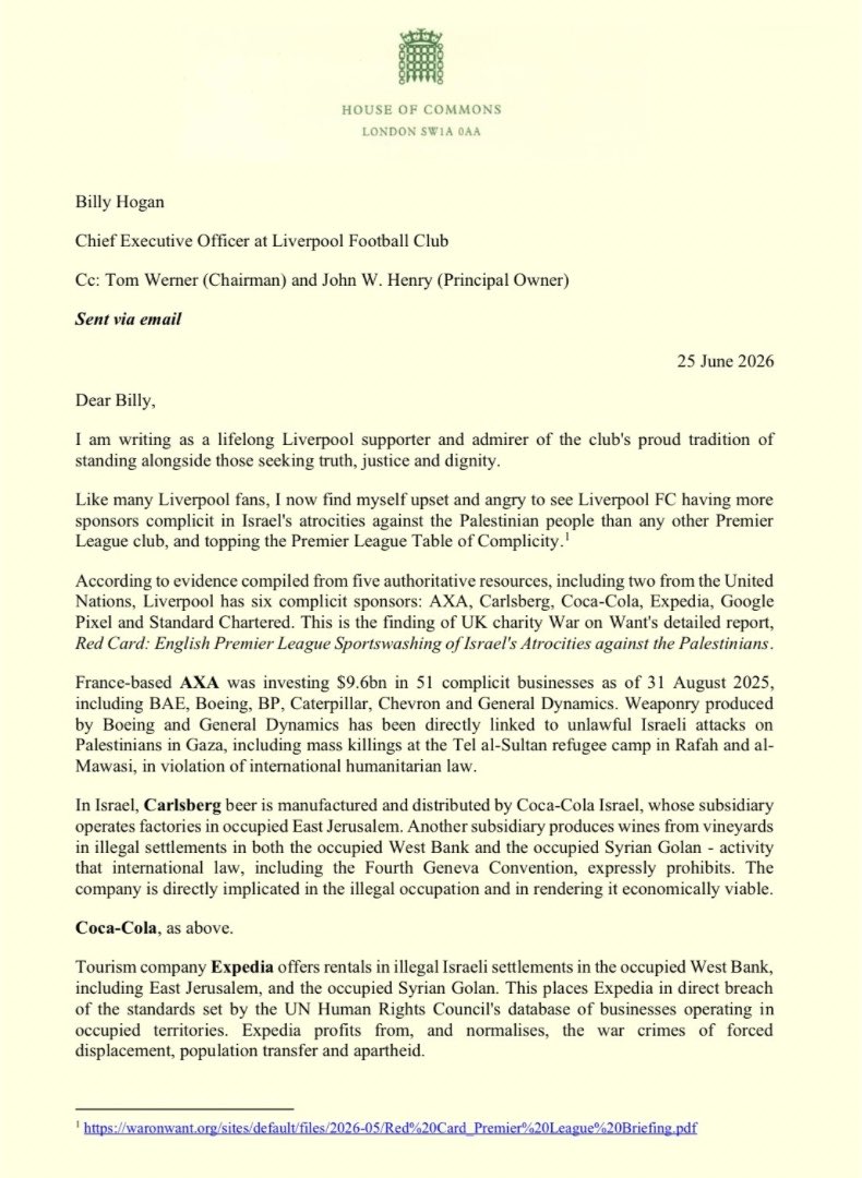 The Premier League returns this month.

As a lifelong Red, I’ve written to Liverpool FC about links to six sponsors implicated in Israel’s atrocities against Palestinians. The club has not yet responded.

Liverpool must answer supporters and end complicity in apartheid and 