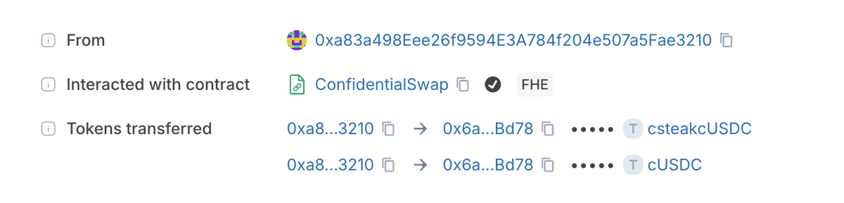 Confidential yield positions are now directly tradable onchain, with full confidentiality from quote to settlement.

The private beta is still open for registration: https://t.co/NK1RWLwfHb

See one of the first live trades on Ethereum mainnet with Zama Confidential RFQ. ⬇️ 