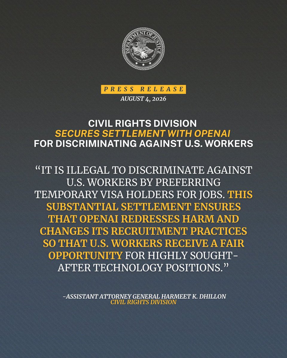 The Justice Department’s Civil Rights Division announced today that it has secured a combined $3,200,000 settlement with OpenAI OpCo LLC, a San Francisco, California-based artificial intelligence company, and its subsidiary, Statsig Inc., a Bellevue, Washington-based software 