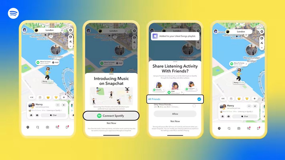 Introducing Now Playing on Snap Map 🎵

Snapchatters can link their @Spotify accounts to share their listening activity, discover new songs through their friends, and save tracks directly to their Spotify library, all without leaving the app. 

https://t.co/8tZ8xHefpV 