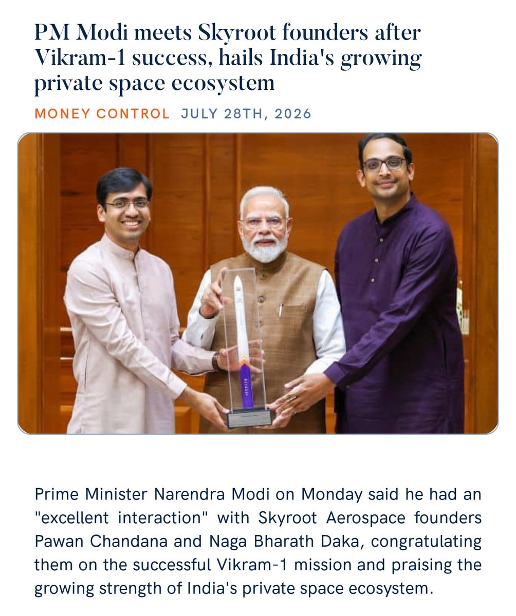 PM @narendramodi meets @SkyrootA founders after Vikram-1 success, hails India's growing private space ecosystem
https://t.co/UMlS8m5DpI 

via NaMo App 