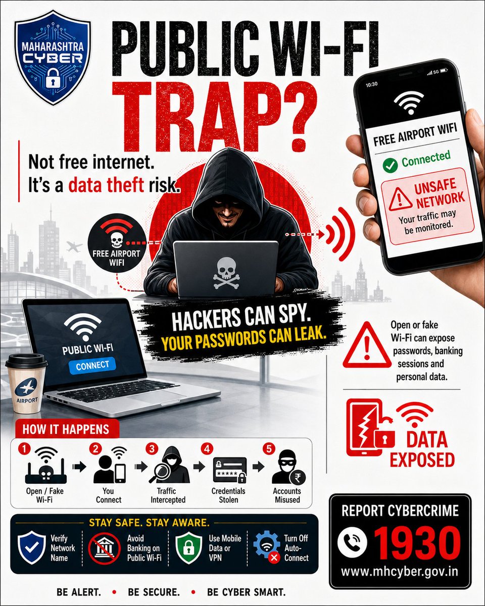 Public Wi-Fi Trap: Free Internet or a Data Theft Risk?
#MaharashtraCyber #PublicWiFi #WiFiSafety #CyberSafety #CyberAwareness #DataTheft #OnlineSecurity #CyberCrime #DigitalSafety #StayCyberSafe #AvoidPublicWiFi #CyberFraud #ReportCyberCrime #Helpline1930 #BeCyberSmart 