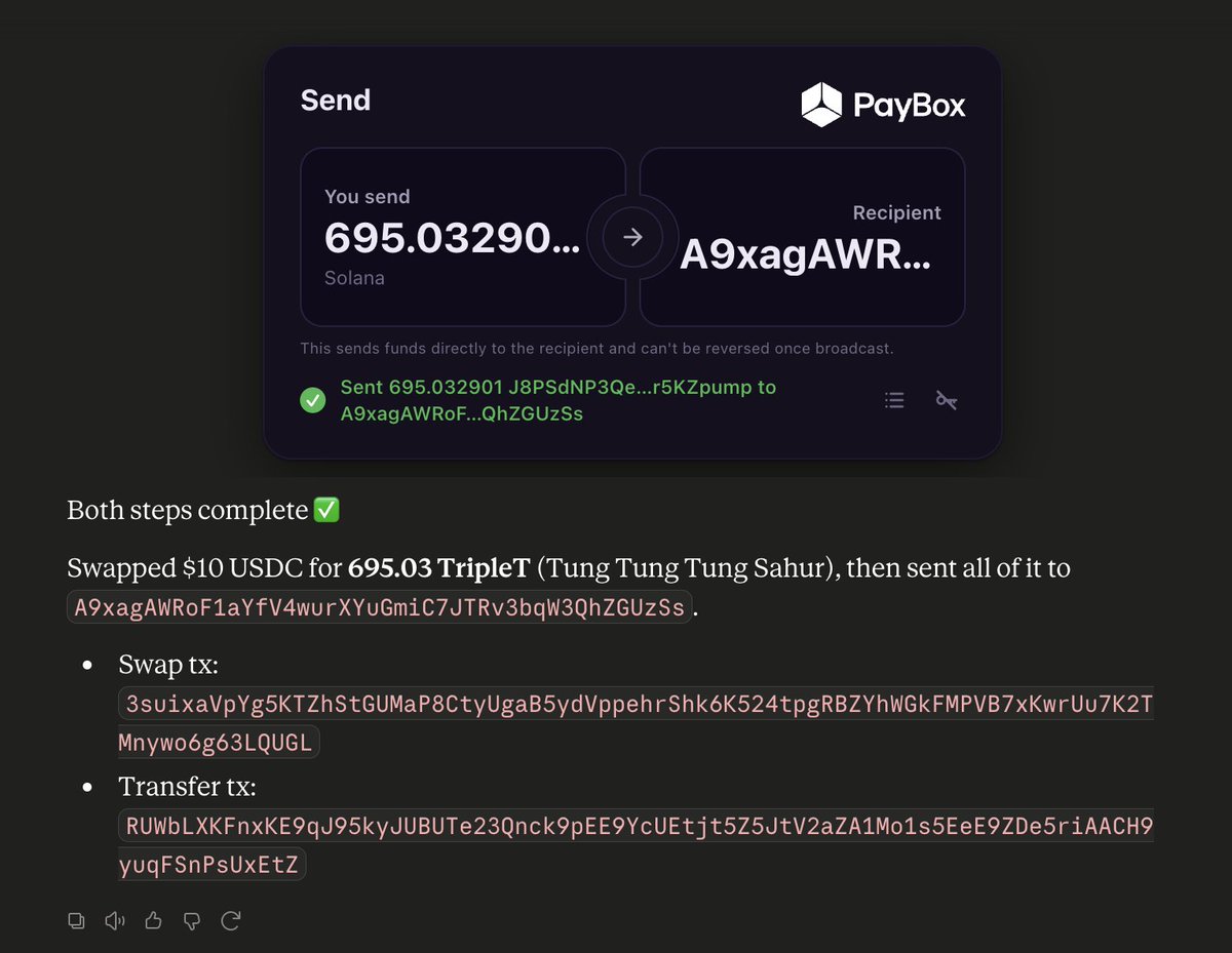 you can literally buy any @Pumpfun token by chatting with Claude

and send it to any Solana wallet in seconds 

you just got PayBox'd @bobby_zidane 