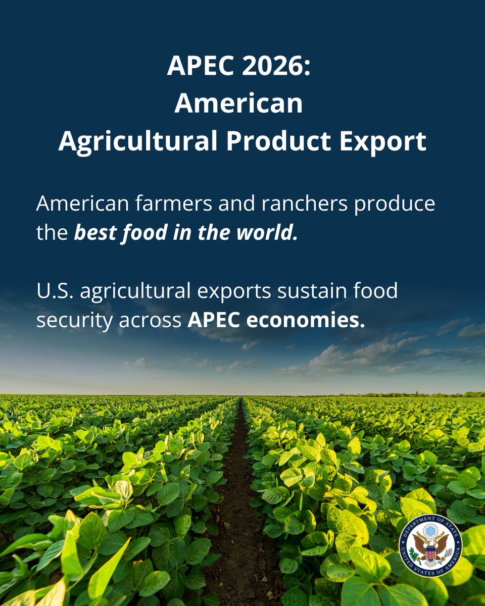 American farmers and ranchers produce the best food in the world, and U.S. agricultural exports sustain food security in the Asia-Pacific. In 2024, the United States exported more than $126 billion in agricultural products to APEC economies. #APEC2026 #FoodSecurity 