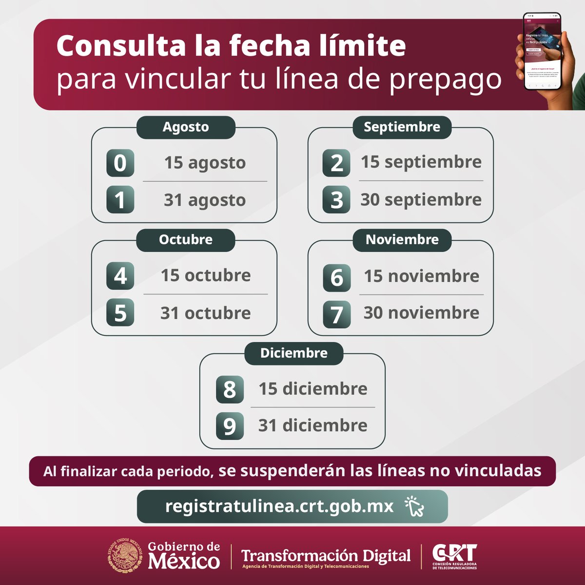 📲 ¡Que no te tome por sorpresa!

Consulta la fecha que corresponde al último dígito de tu celular y vincula tu línea antes de que venza el plazo.

⏰ No lo dejes para el último momento. Realiza tu trámite en:

👉🏼 https://t.co/Bx56eqn9VS

#YoSíRegistro 