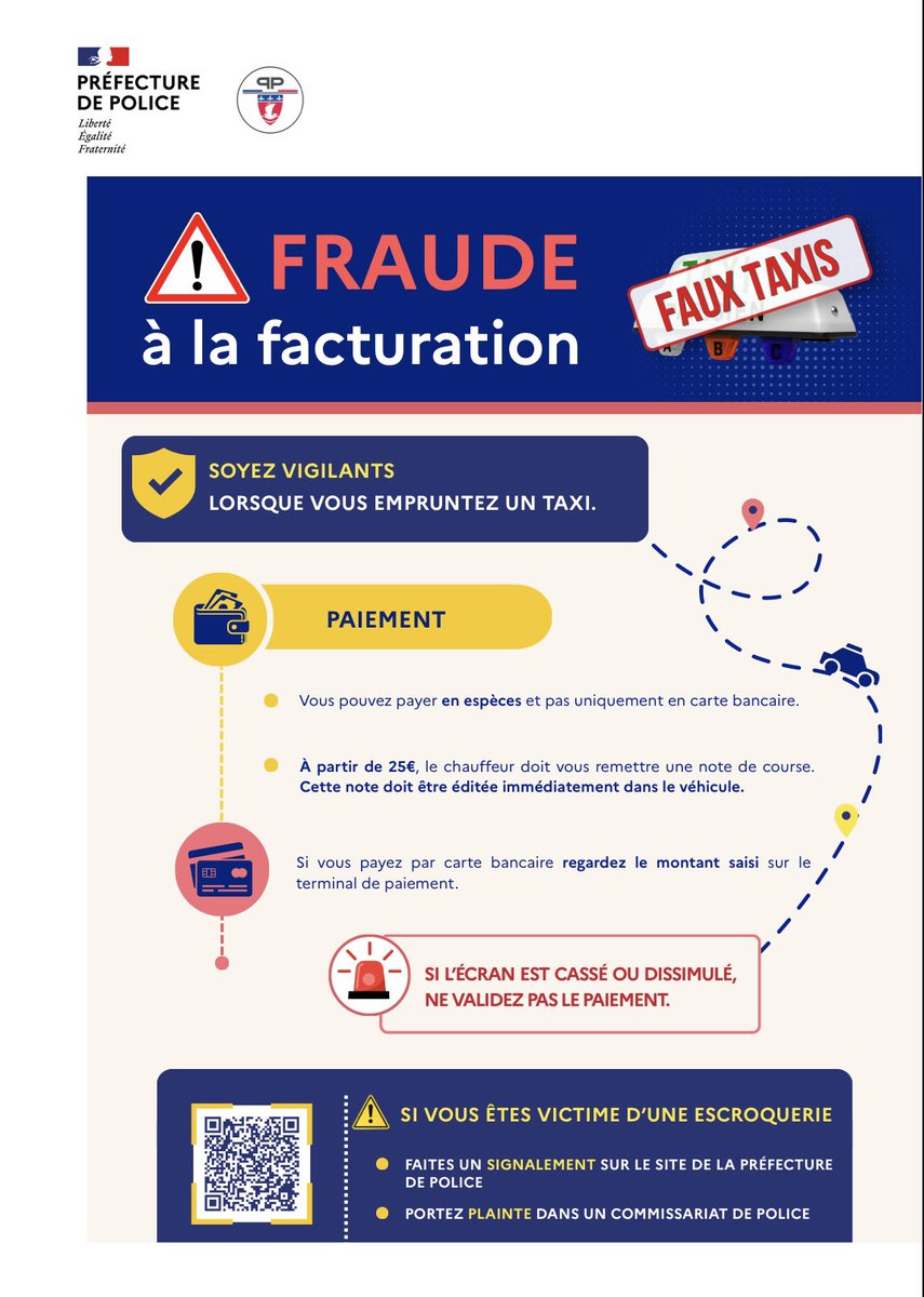 #Prévention | Attention aux faux taxis ! 🚕

Avant de monter, vérifiez les équipements obligatoires. Et au moment de payer :
➡️ Vérifiez le montant affiché sur le terminal
➡️ Ne validez jamais un paiement si l’écran est dissimulé ou cassé
➡️ À partir de 25 €, une note de course 