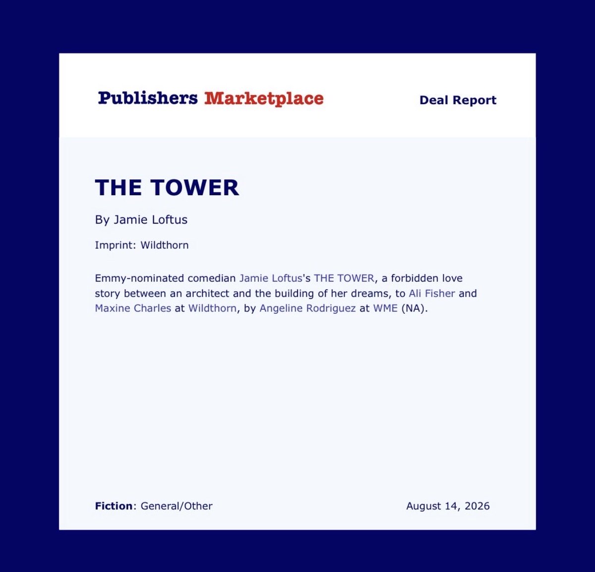 my first novel, THE TOWER, is available everywhere june 22 2027 💙 it is about an architect who falls in love with her blueprint and spends two decades trying to meet her for the first time. there is also a very violent scene in a fogo de chau 
