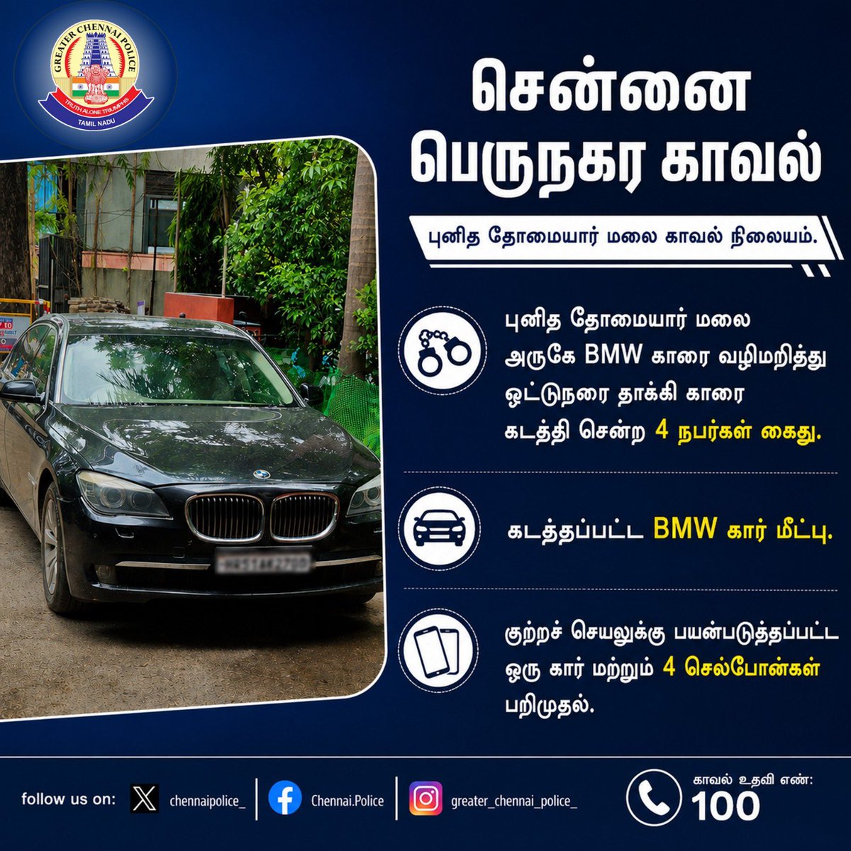 🚖 Four men were arrested for intercepting a BMW car near St.Thomas Mount, assaulting the driver and robbing the vehicle. The stolen BMW car was recovered and one car used in the commission of the offence along with four mobile phones was seized.

🏢 St.Thomas Mount Police 
