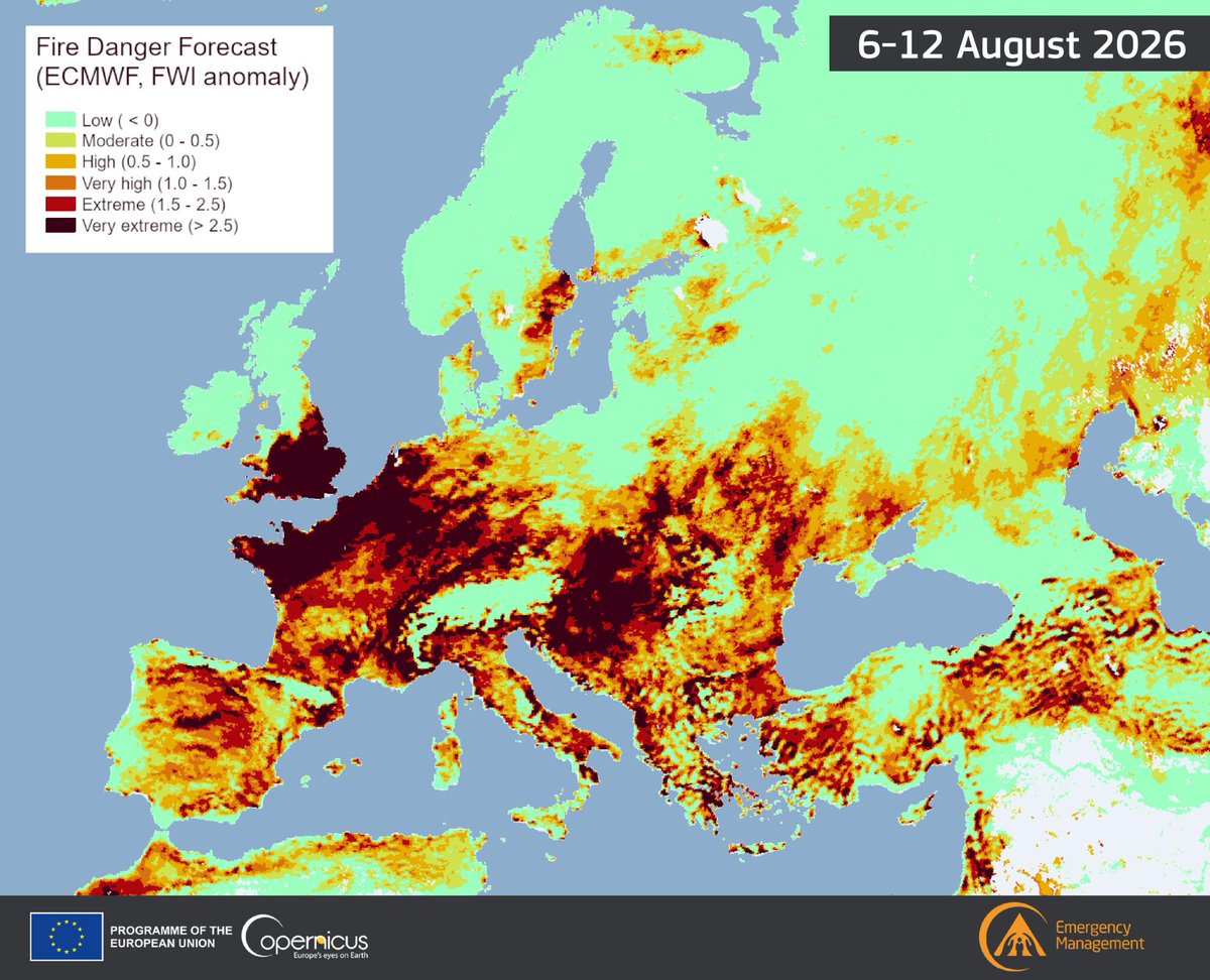 🔥 Weekly wildfire situation in Europe  

Since the beginning of the year: 
📍1,514 fires⁣⁣
🌍498,823 ha burnt⁣⁣
🌫️20.18 Mt CO₂ emitted⁣⁣

Fire danger forecast for the next 7 days ⬇️

We are monitoring closely and stand ready to assist. 

More: https://t.co/blKGf6swVu 
