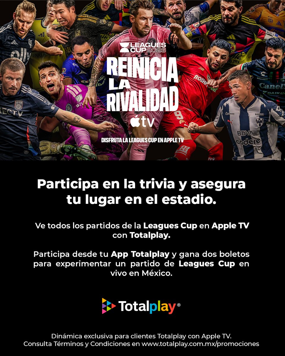 De la pantalla directo al estadio. Demuestra qué tan fan eres participando en la trivia desde tu app Totalplay. ¡Podrías llevarte dos boletos para un partido de Leagues Cup en México!

Si aún no eres cliente, contrata @AppleTV, activa tu cuenta con 3 meses incluidos y no te 