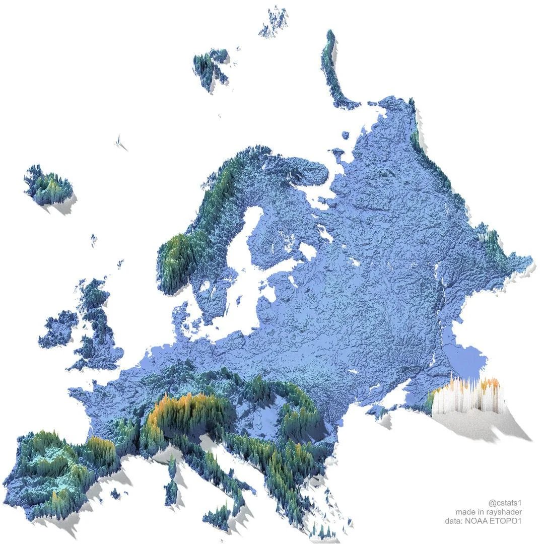 The elevation map of Europe. 
