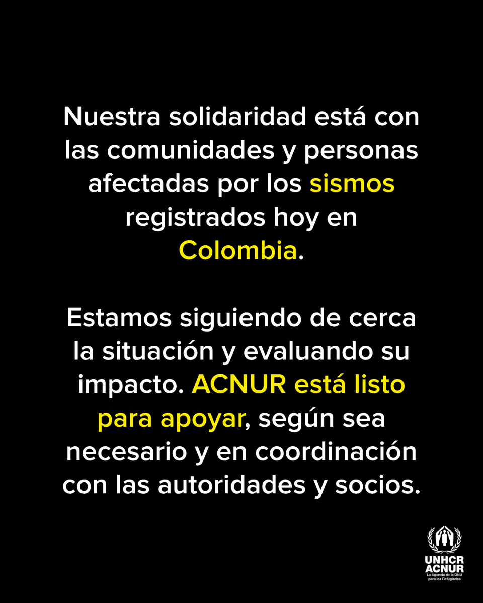 Nuestra solidaridad está con las comunidades y personas afectadas por los sismos registrados hoy en Colombia.

Estamos siguiendo de cerca la situación y evaluando su impacto. ACNUR está listo para apoyar, según sea necesario y en coordinación con las autoridades y socios. 
