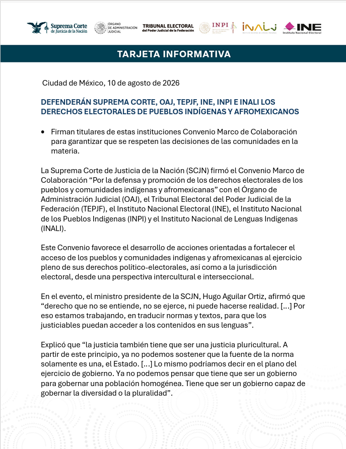 El Instituto Nacional Electoral fortalece los derechos político-electorales de los pueblos y comunidades indígenas y afromexicanas, así como el acceso a la jurisdicción electoral, desde una perspectiva intercultural e interseccional.

Lo anterior con la firma de  Convenio Marco 