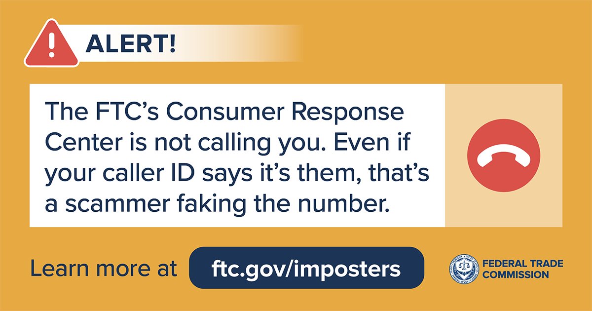 Scammers can make any name or number show up on your caller ID. That’s called spoofing. They’re now spoofing FTC’s Consumer Response Center phone number. But it’s not the FTC calling. It’s a scam. Don’t engage. Hang up and then tell the FTC at https://t.co/gGdaxxrxVw 