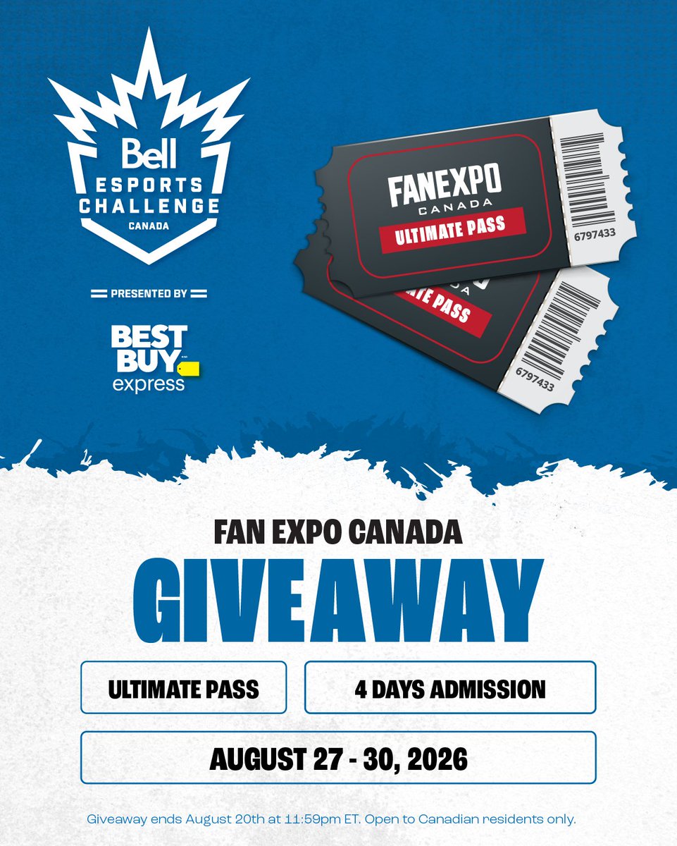 🎫 @FANEXPOCANADA TICKET GIVEAWAY 🎫

We've got TWO 4-Day Ultimate Passes for one lucky winner! Here's how to enter: 

✅ Follow @Bell &amp; @TorontoKOI 
💜 Like and RT this post 
👥 Tag the friend you'd bring with you 

#BellEsportsChallenge2026 | #BestBuyExpress 
