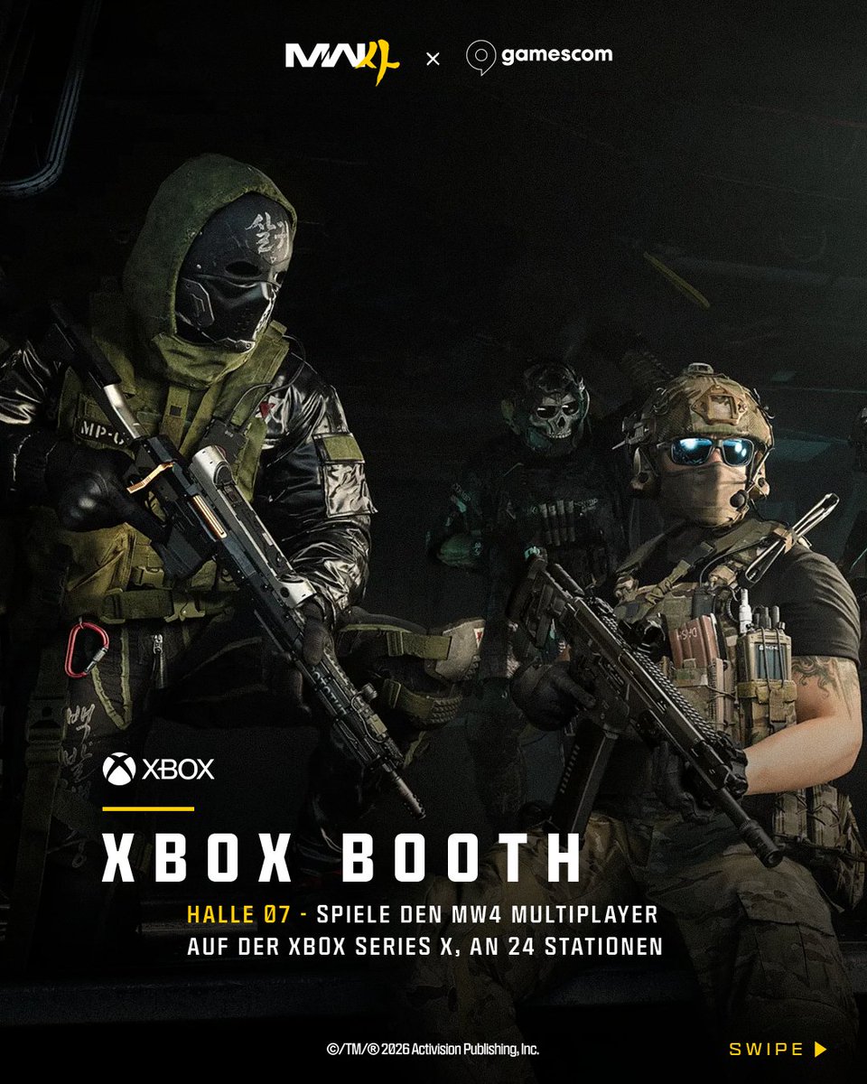 Vier verschiedene Stände, ein Ziel: Euch den Modern Warfare 4 Multiplayer in all seinen Facetten zu zeigen.   

Speichert euch den Beitrag, kommt vom 26.-30. August auf der Gamescom vorbei und überzeugt euch selbst. Wir sehen uns in der Lobby. 🫡 

@XBOX_DACH  @Samsung 