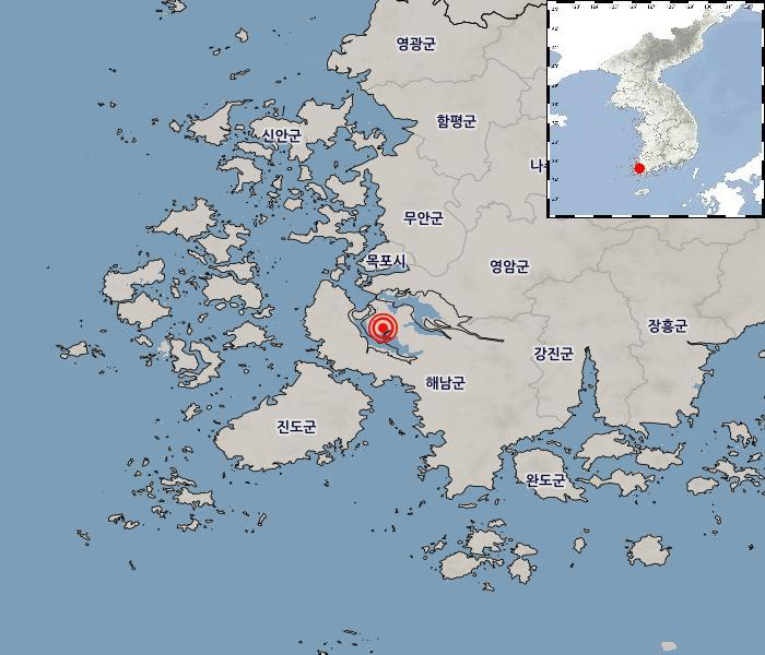 [지진정보] 08-28 07:44:26 전남광주 해남군 서북서쪽 21km 지역 규모 2.2 계기진도 : 최대진도 Ⅱ(전남광주) 
