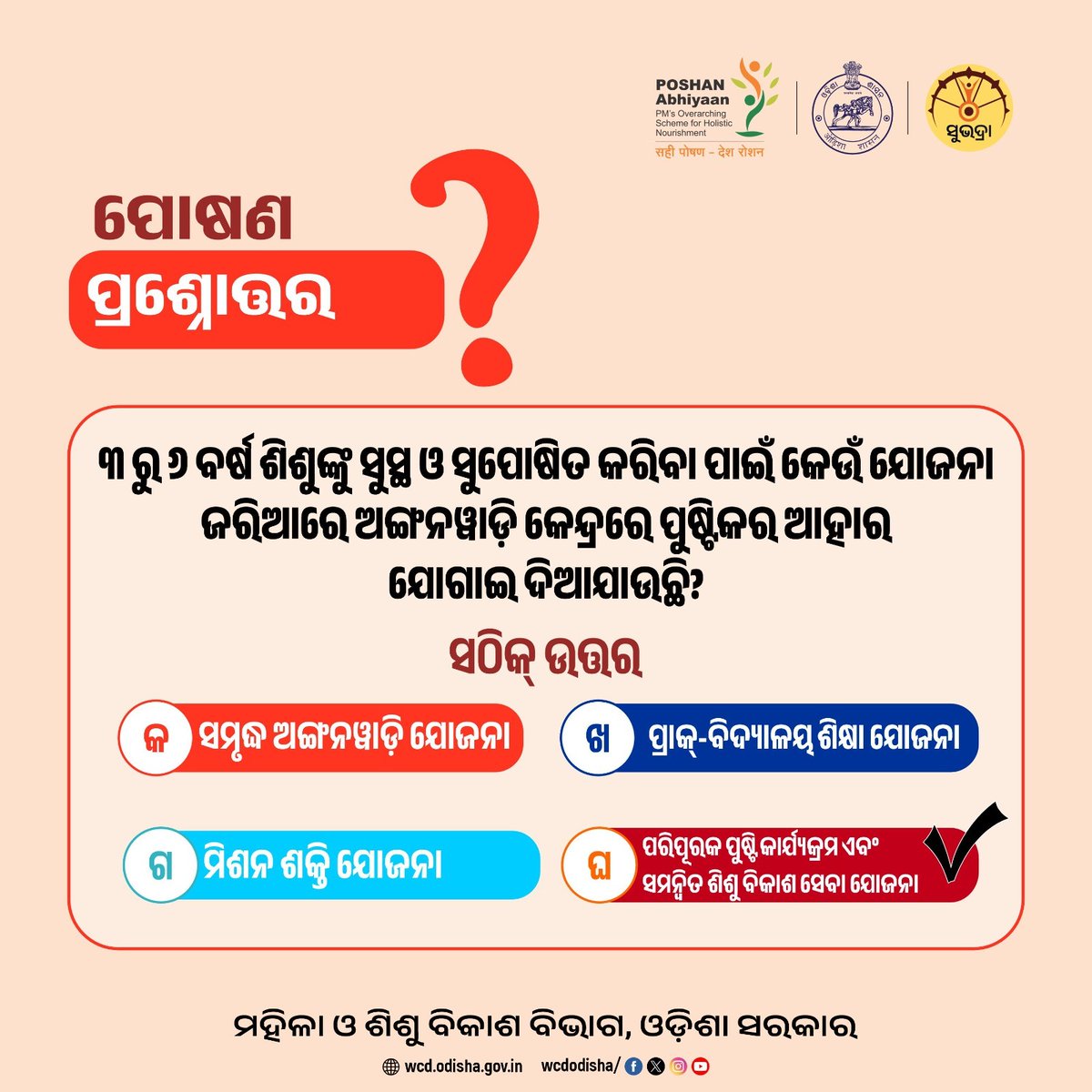 ଜାଣନ୍ତୁ ପୂର୍ବ ପୋଷଣ ପ୍ରଶ୍ନୋତ୍ତର କୁଇଜର ସଠିକ୍ ଉତ୍ତର...

#Nutrition #MaternalNutrition #ChildNutrition #HealthyMotherHealthyChild #Anganwadi #NutritionForAll #HealthyOdisha #ChildDevelopment #MotherAndChild #Poshan #nutritionmatters #wcdodisha 