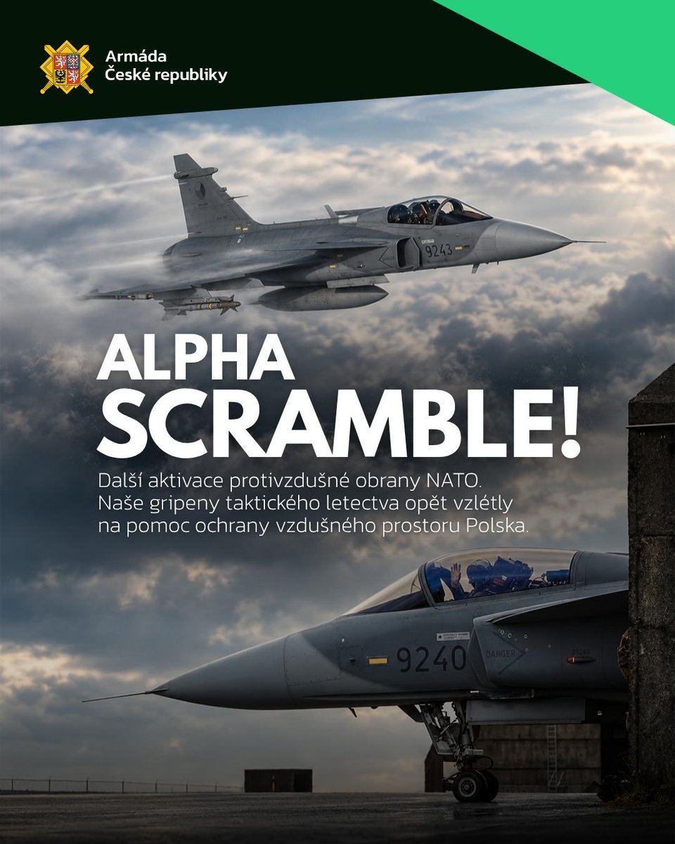ALPHA SCRAMBLE. NATO v noci aktivovalo naše Gripeny. Během několika minut byly ve vzduchu a mířily nad Polsko. 🇨🇿🇵🇱

Ozbrojené letouny JAS-39 Gripen vzlétly z Pardubic a nad Polskem zajišťovaly tzv. Combat Air Patrol. Jinými slovy, pomáhaly střežit nebe nad Polskem, připraveny 