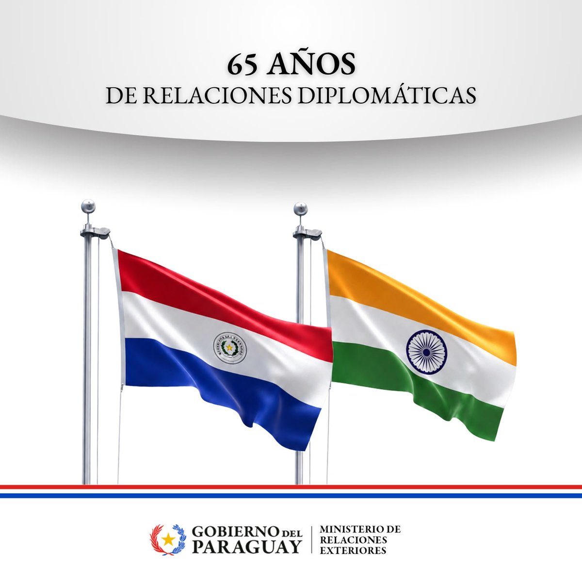 La República del Paraguay y la República de la India conmemoran el 65.º aniversario del establecimiento de sus relaciones diplomáticas, celebrando más de seis décadas de amistad, respeto y entendimiento. A lo largo de este tiempo, los vínculos entras ambas naciones se han 