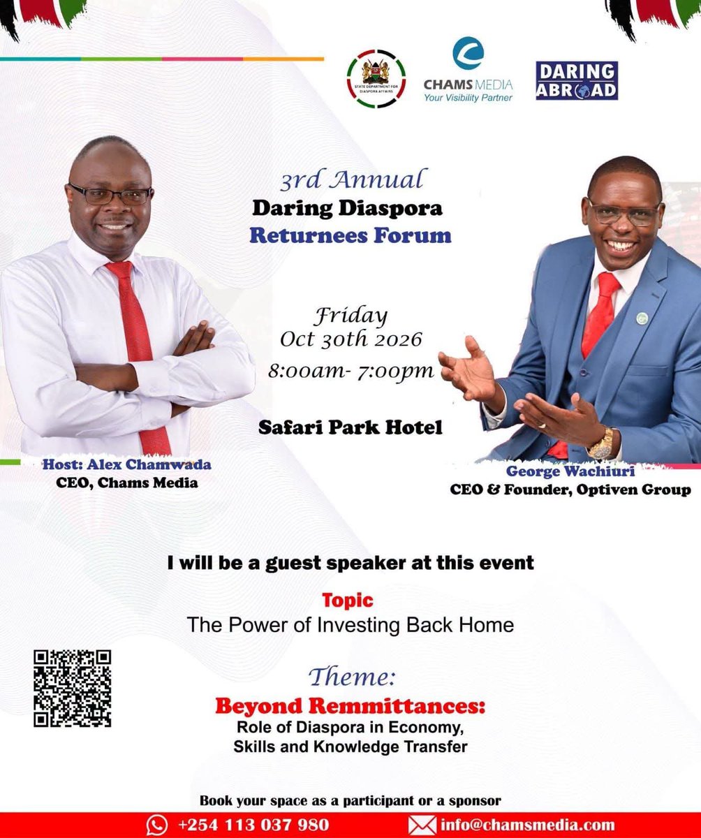 Why Attend the 3rd Annual Daring Diaspora Returnees Forum 2026?

✔ Network with diaspora returnees, investors, and industry leaders
✔ Discover emerging investment and business opportunities in Kenya
✔ Learn from inspiring success stories and expert-led discussions
✔ Explore 