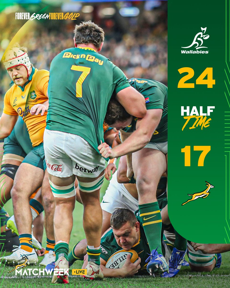 It's a seven-point game at the break in Perth ⏰
Live updates: https://t.co/HvYk0c1k0W 🏉
#Springboks #ForeverGreenForeverGold 