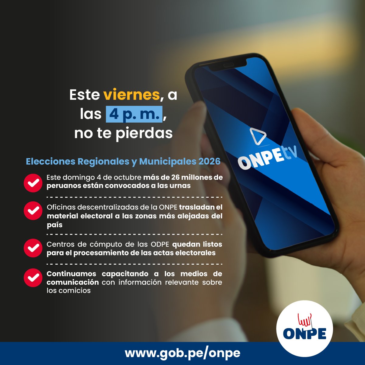 📺 ¡Estamos a solo unos días de las Elecciones Regionales y Municipales 2026! En #ONPETV te contamos cómo avanzan nuestros preparativos para este domingo 4 de octubre.

▶️ ¡Te esperamos este viernes a las 4 p. m.!

#ERM2026 #ONPEenRegiones 