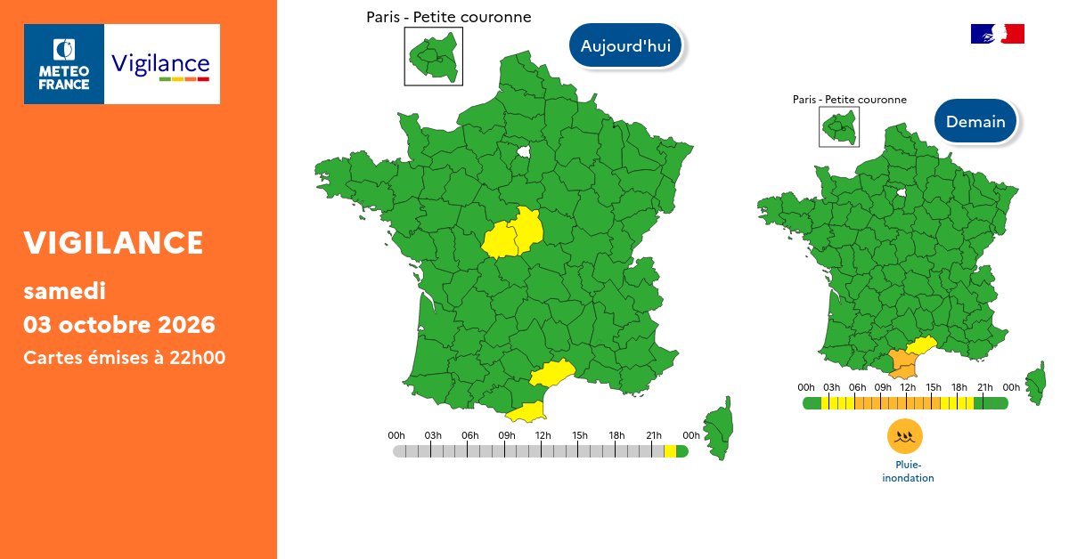 Dimanche 4 octobre 2026 :   
🟠2 départements en vigilance orange Pluie-Inondation
Restez informés ▶️ https://t.co/JGz4rTUvHP 