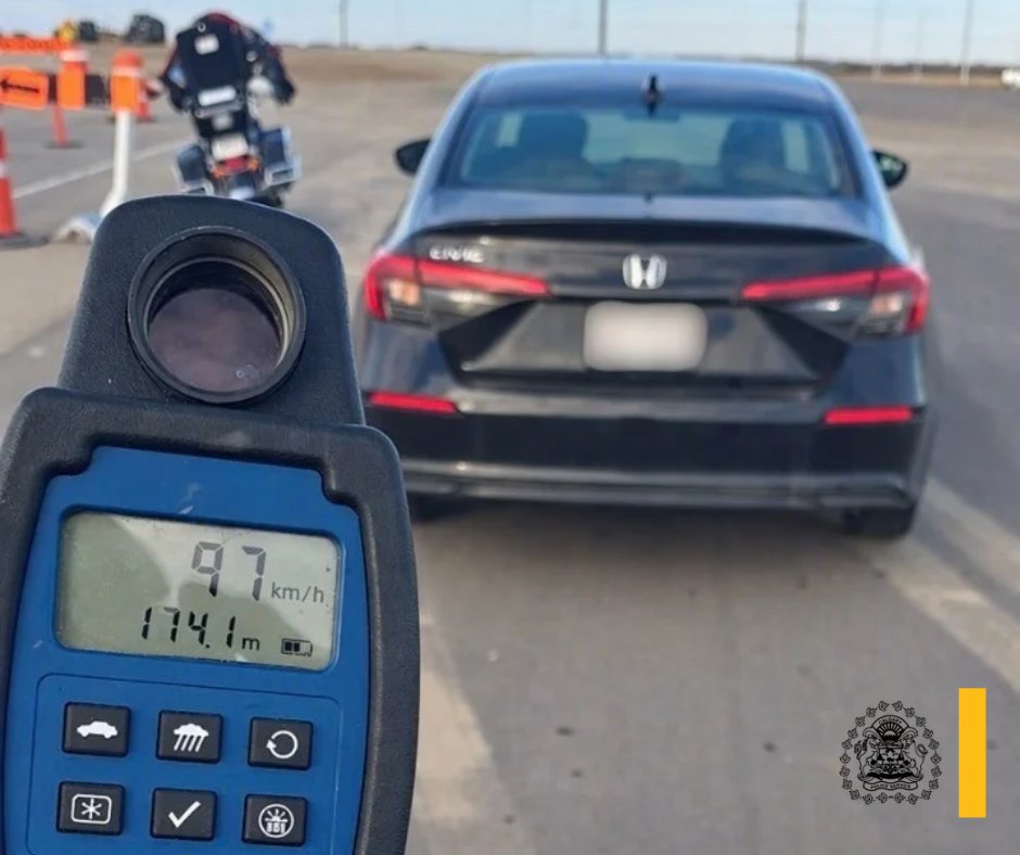 ⚠️ On Saturday, Oct. 3, 2026, just before 6 p.m., our officers stopped a vehicle travelling 97 km/h in a 50 km/h construction zone where workers were present.
 
The driver was not wearing the prescribed corrective lenses required under the conditions of their driver's licence and 